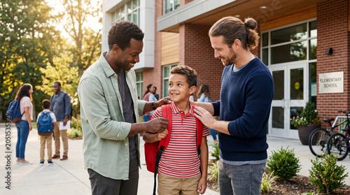 Interracial same-sex fathers adjusting their son's backpack before the first day of elementary school outside the school entrance