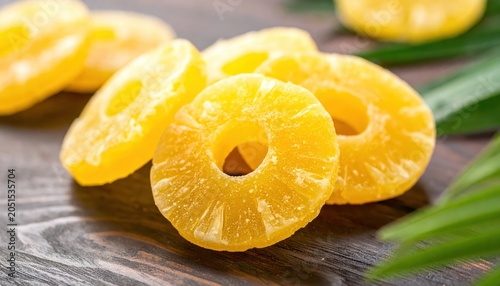 Artfully placed candied pineapple rings with vibrant hues arranged on a polished wooden surface