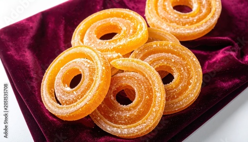 Artfully Placed Candied Orange Peel Spirals Dusted with Sugar on Dark Fabric