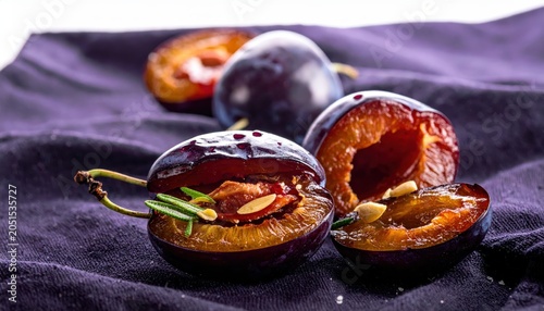 Artfully Placed Candied Plum Halves with Glistening Purple Skins and Fresh Green Garnish on a Dark Texture