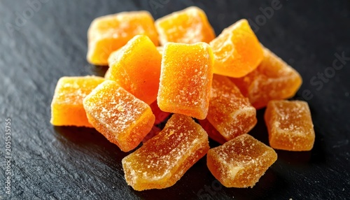 Artfully Placed Crystallized Ginger Pieces with a Coarse Sugar Texture on a Dark Surface
