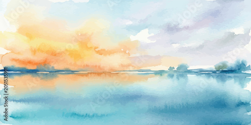 Quadro su tela Artistic watercolor sunset landscape over blue sea with watercolor painting land