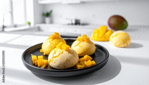 Artfully Placed Mango Meringues With Diced Mango Topping On A Dark Plate