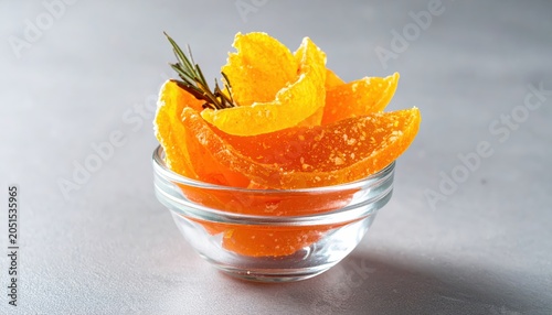 Artfully presented candied orange peel segments in a clear glass bowl with a sprig of rosemary