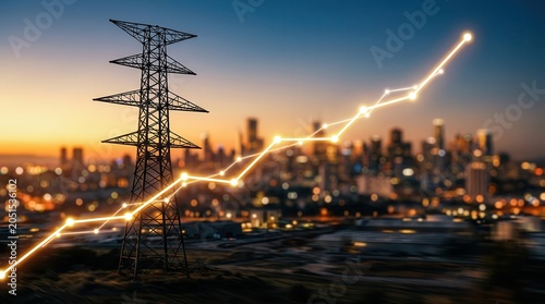 An electricity pylon stands before an urban backdrop symbolizing energy demand and progress.