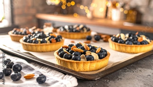 Artfully Presented Glazed Blueberry and Almond Tarts with Delicate Pastry