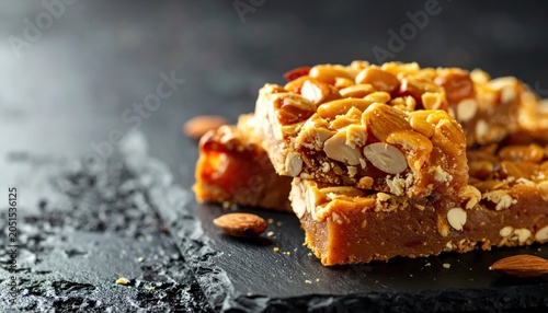 Artfully Presented Handmade Fruit and Nut Toffee Bars with Crunchy Almonds on a Dark Slate Surface