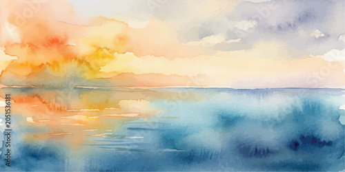 Sunset watercolor illustration of ocean horizon with hand painted watercolor painting abstract landscape seascape colorful illustration background creative twilight reflection artistic