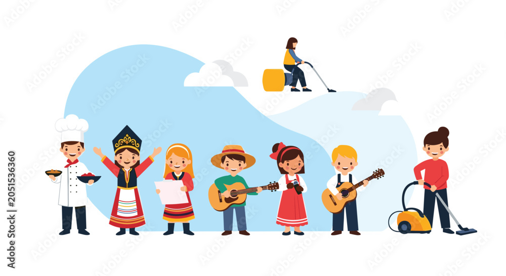 Fototapeta premium Diverse group of children dressed in different costumes and roles including a chef, folk dancer, musician, and cleaning worker.