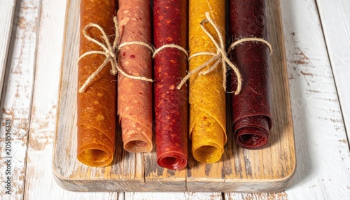 Artfully Rolled Fruit Leather Strips Tied with Twine on a Rustic Wooden Surface