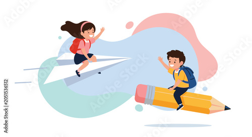 Two happy children flying through the air on a paper plane and a giant yellow pencil with backpacks on their way to school.