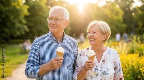 Happy elderly couple enjoying a sweet ice cream treat together outdoors.