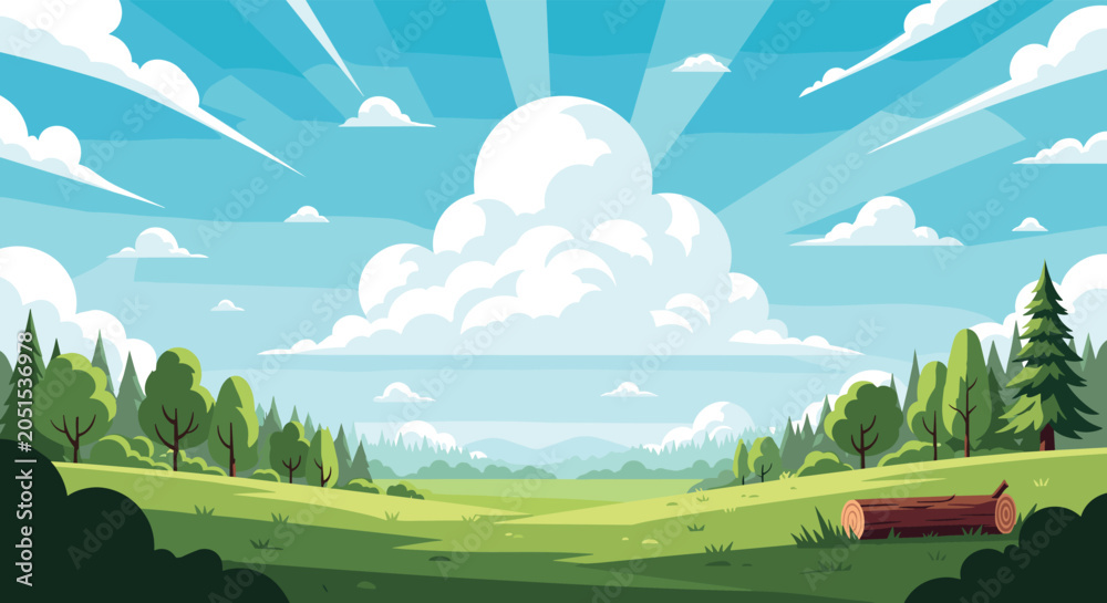 Fototapeta premium Peaceful landscape featuring a green grassy field with trees and a log under a bright blue sky with large fluffy clouds.