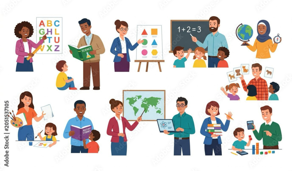 Fototapeta premium ‎Teacher Cartoon Character Set for Education and Learning Concepts
