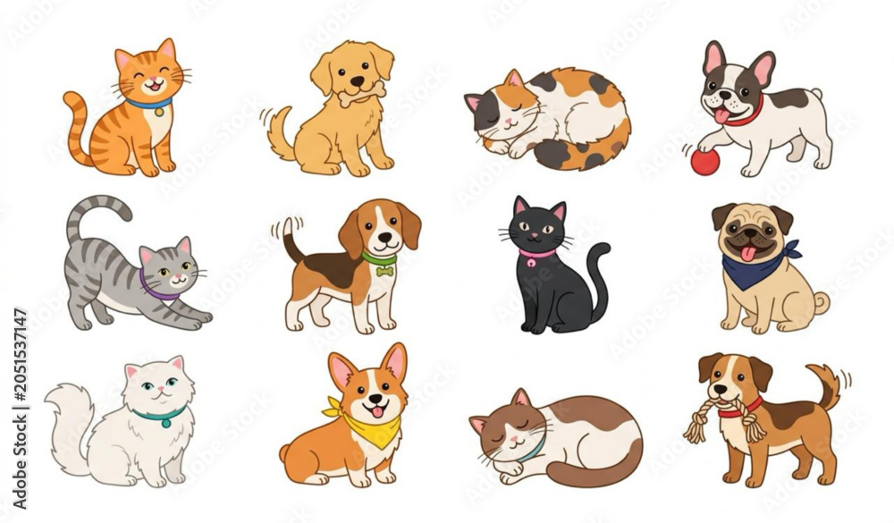Fototapeta premium ‎Cute Pet Cats and Dogs Vector Collection with Playful Animal Characters