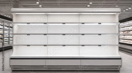 Empty supermarket refrigerator shelves, showcasing a lack of products and potential supply chain issues.