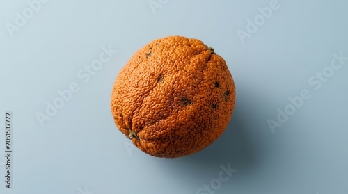 A single spoiled orange fruit representing aging and freshness loss on a neutral surface.