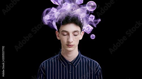 Young man with purple digital cubes floating above head against black background