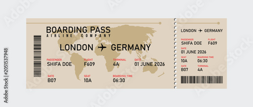 Boarding pass ticket for flight from london to germany with passenger details and barcode flight ticket