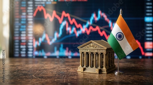 Indian flag alongside a miniature bank set against a downward trend stock market graph.