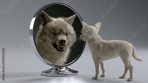 White dog looks at angry wolf in mirror