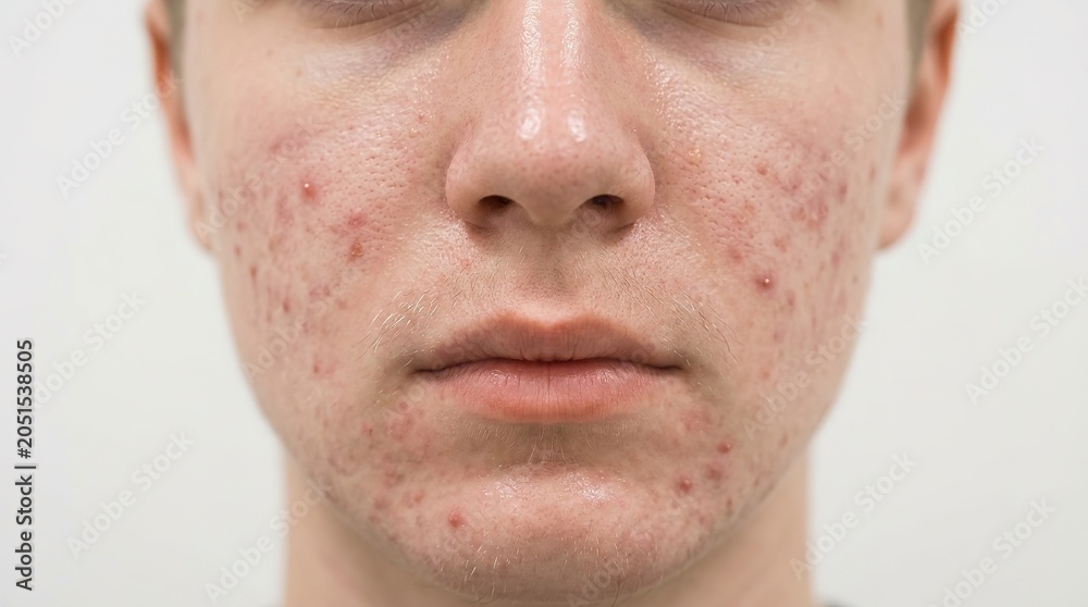 Naklejka premium Close-Up of Teen Boy s Acne-Prone Skin: Red Pimples, Whiteheads & Blemishes on Face Dermatology