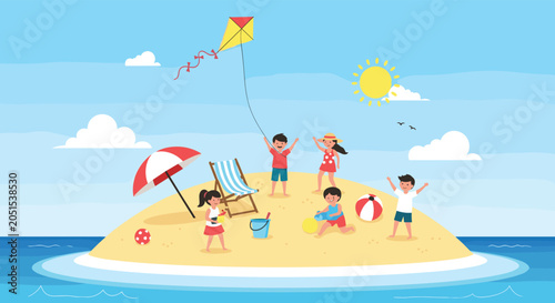 Group of happy children playing on a small tropical desert island with a beach umbrella, sand toys, a colorful kite, and a ball in the sea.