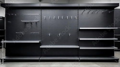 Modern Black Display Wall with Shelves and Hooks for Retail Merchandise.