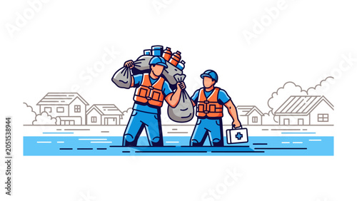 Bild auf Leinwand Disaster Relief Effort: Two individuals in life vests and hard hats wade through floodwaters, carrying essential supplies and a first-aid kit, symbolizing hope and aid in a natural disaster