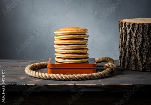 A rustic table features a stack of golden, fluffy pancakes resting upon an orange scale, with a thick nautical rope encircling the device and a rough-hewn log positioned prominently to the side