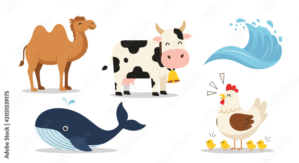 Obraz premium Diverse collection of colorful cartoon animal illustrations including a camel, cow, whale, and chicken alongside a stylized blue ocean wave.