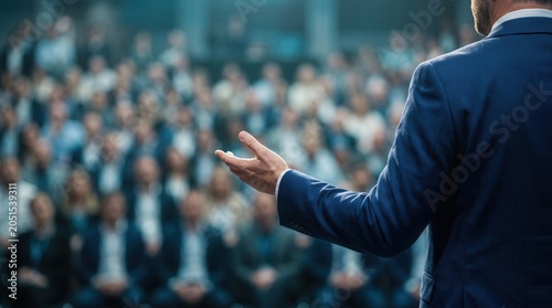 A business leader delivering a speech to a large audience to drive corporate culture.