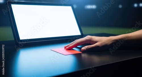 Human hand reaches out to touch a vibrant red card placed on a dark sleek desk beside a glowing monitor