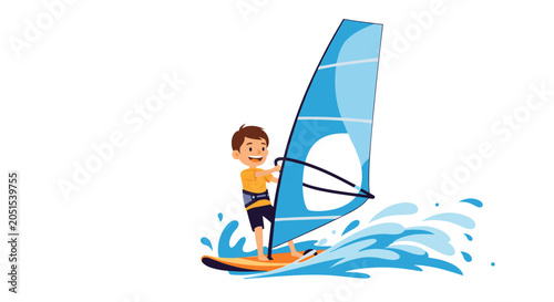 Energetic young boy enjoys a thrilling windsurfing session on a bright orange board with a blue sail while riding over a splashing wave.