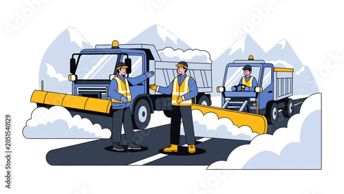 Fotografia Snow Plow Team on Duty: Two workers in high-visibility vests oversee snow plows clearing a road amidst a wintery landscape with snow-capped mountains in the background