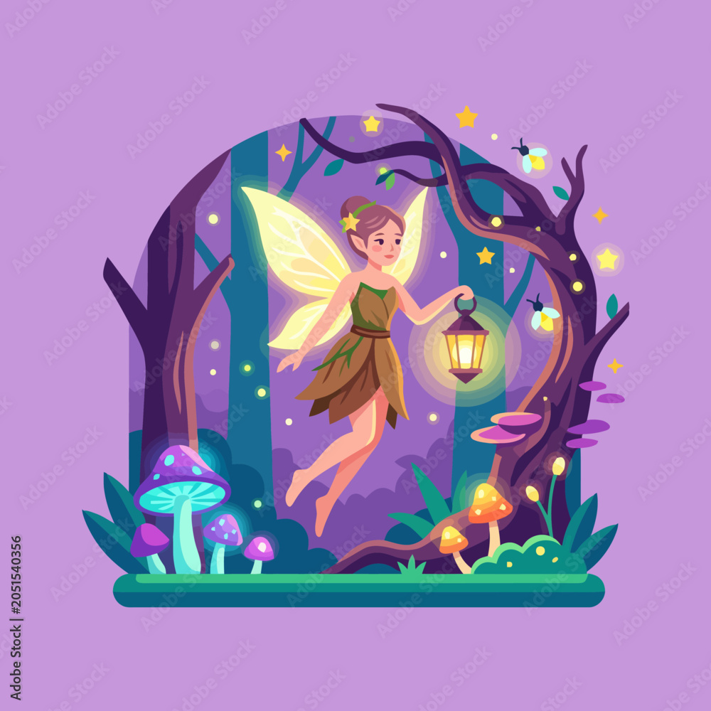 Fototapeta premium A magical forest fairy holds a glowing lantern in the woods