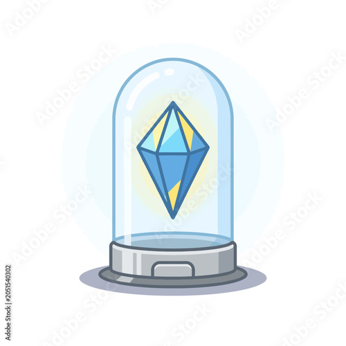 A glowing blue crystal is displayed inside a glass dome case