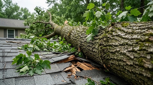 Emergency roof repair after a massive tree fell onto residential shingles.