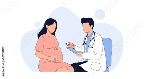 Doctor consulting with pregnant woman during prenatal checkup, modern flat illustration