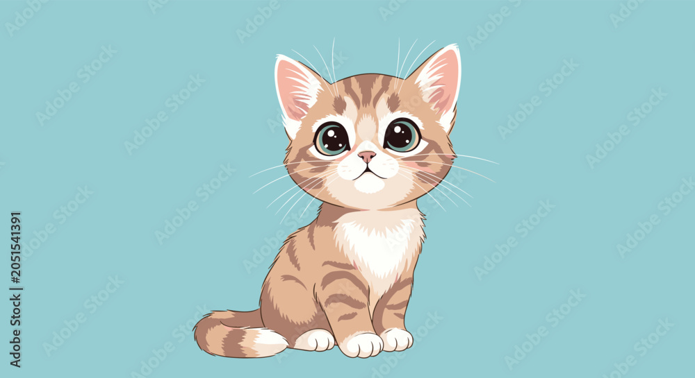 Fototapeta premium Adorable tabby kitten with large green eyes sitting calmly and looking upwards on a soft light blue background illustration.
