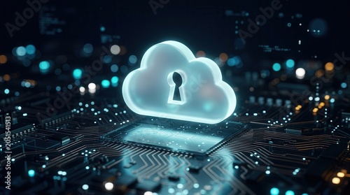 Digital security concept featuring a glowing cloud and padlock over a circuit board for code compliance.
