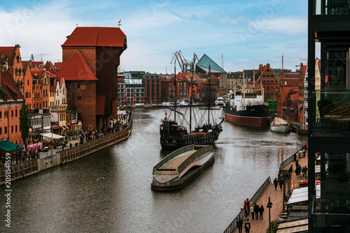 Panoramic view from Granary Island of the Old Town of Gdańsk, Poland.