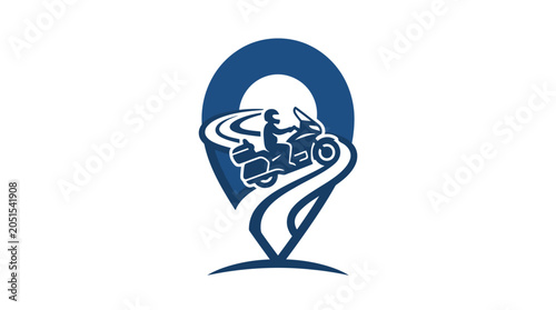 Billede på lærred Motorcycle rider on a winding road within a map pin icon, representing travel and navigation, isolated white background