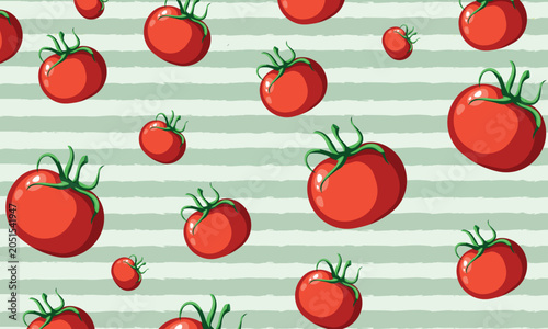 Seamless red tomato green striped vector pattern