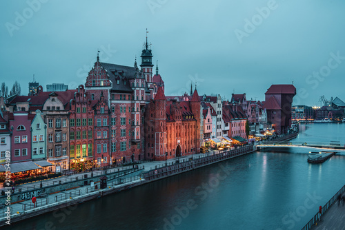 Panoramic view from Granary Island of the Old Town of Gdańsk, Poland.