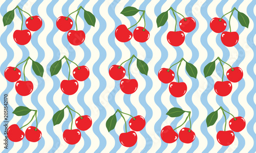 Seamless cherry pattern on blue wavy lines