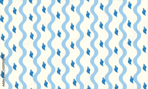 Seamless blue seashell wavy lines pattern background