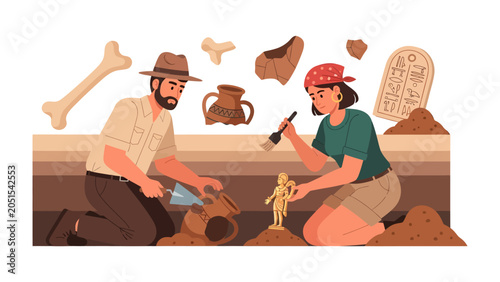 Archaeological Dig: Two archaeologists carefully excavate ancient artifacts from a stratified dig site, unearthing pottery, bones, and inscriptions that whisper tales of the past.