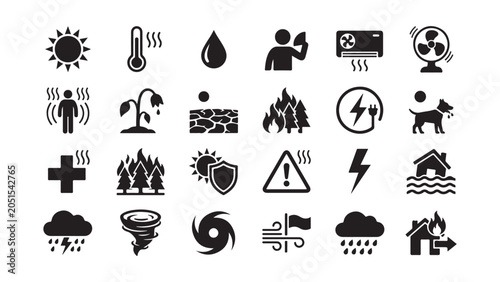 Quadro em tela Environmental and meteorological icon set showing natural disasters and weather
