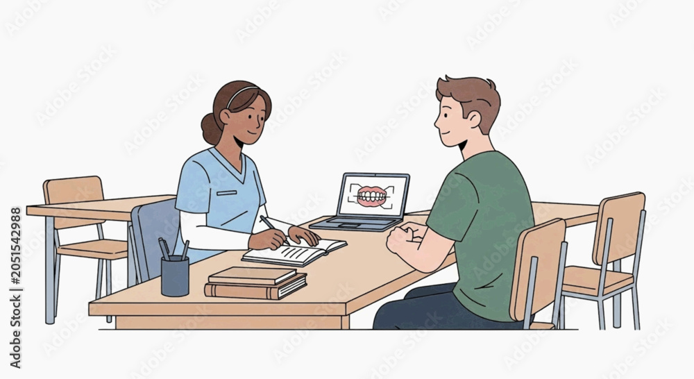 Fototapeta premium A dentist consulting with a patient in a modern clinic. The dentist is a woman with dark skin and the patient is a young man. They are sitting at a table with a laptop and dental chart